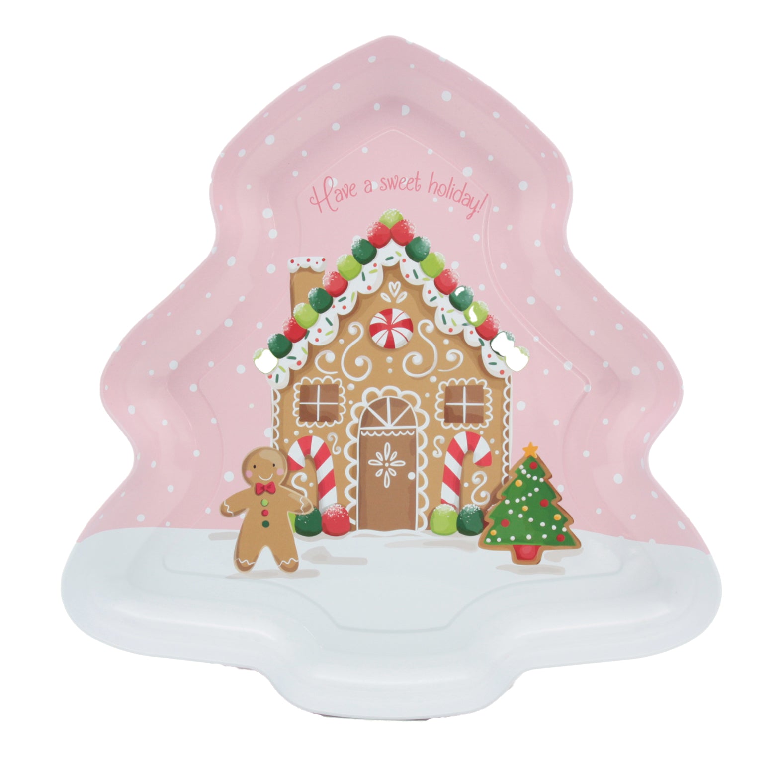 Christmas Tin Tree Plate(25.8*25CM) featuring a gingerbread house design and festive decorations.