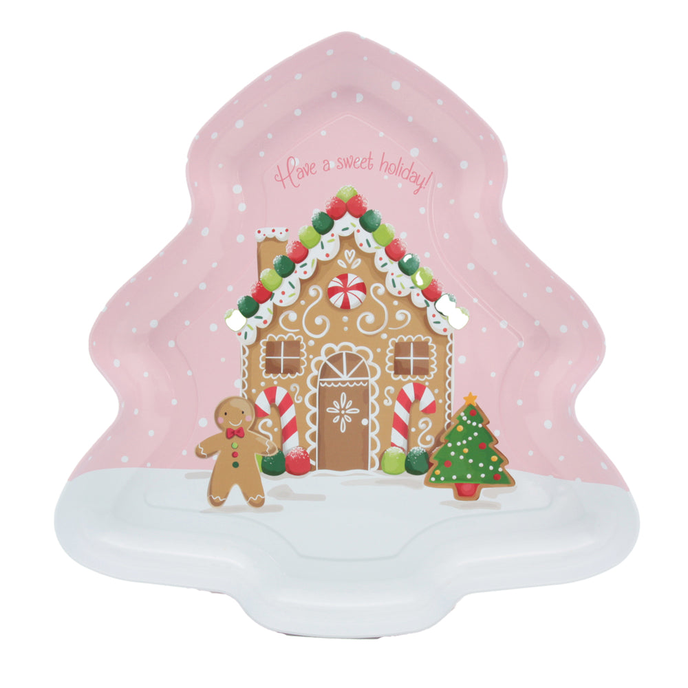 Christmas Tin Tree Plate(25.8*25CM) featuring a gingerbread house design and festive decorations.
