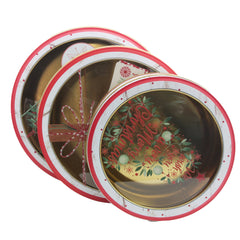 3PCS Round TL Christmas Tin Box Set featuring festive designs and gold interiors for holiday gifting.