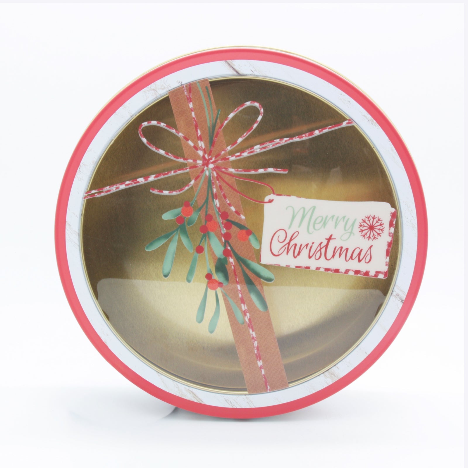 Round TL Christmas Tin Box(19.8*6.3CM/M) featuring festive design and gold interior.
