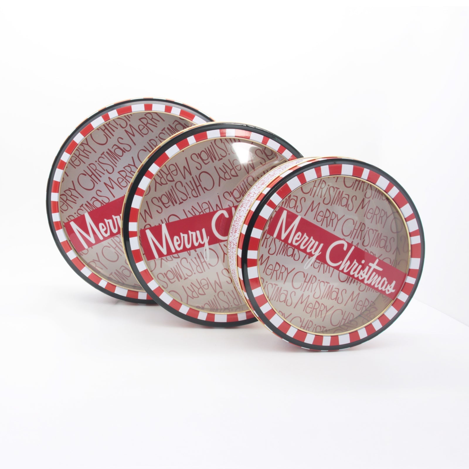 3PCS Round  MC Christmas Tin Box Set featuring festive red and white designs with Merry Christmas text.