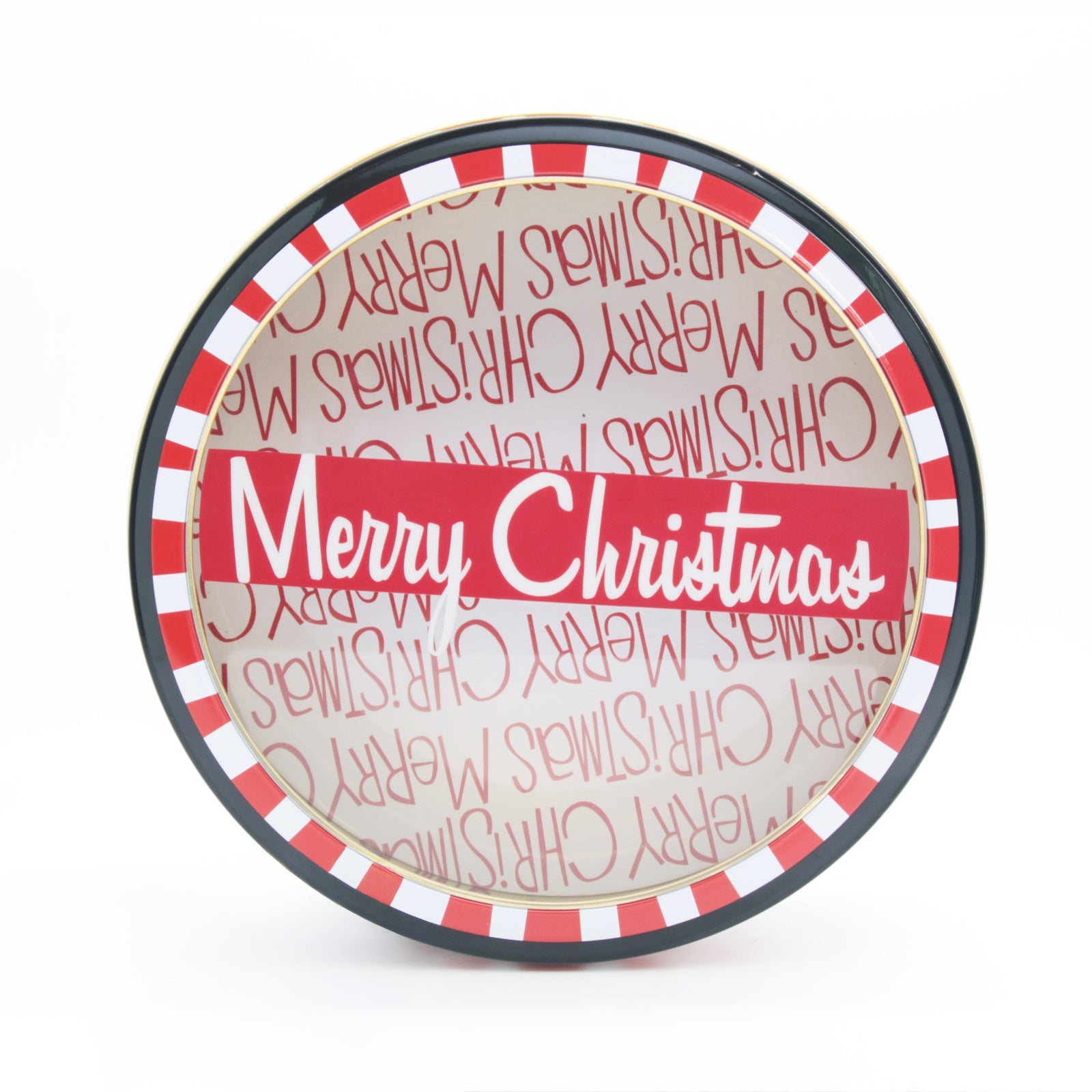 Round MC Christmas Tin Box(19.8*6.3CM/M) with a festive Merry Christmas design and red accents.