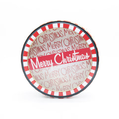 Round  MC Christmas Tin Box(16.8*5.6CM/S) with Merry Christmas design and red and white striped border.