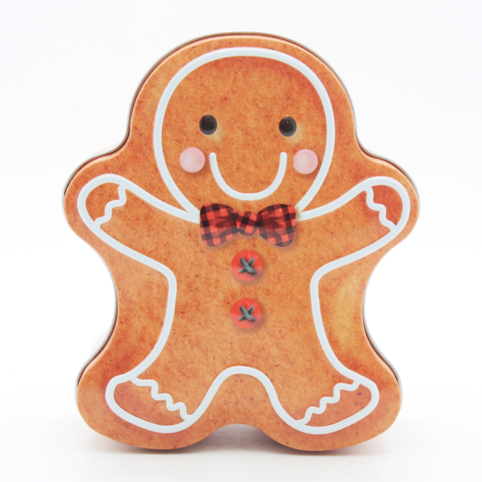 Gingerbread Man Tin Box(11.5*13*5CM) in a cheerful gingerbread shape with a smiling face and bow tie.