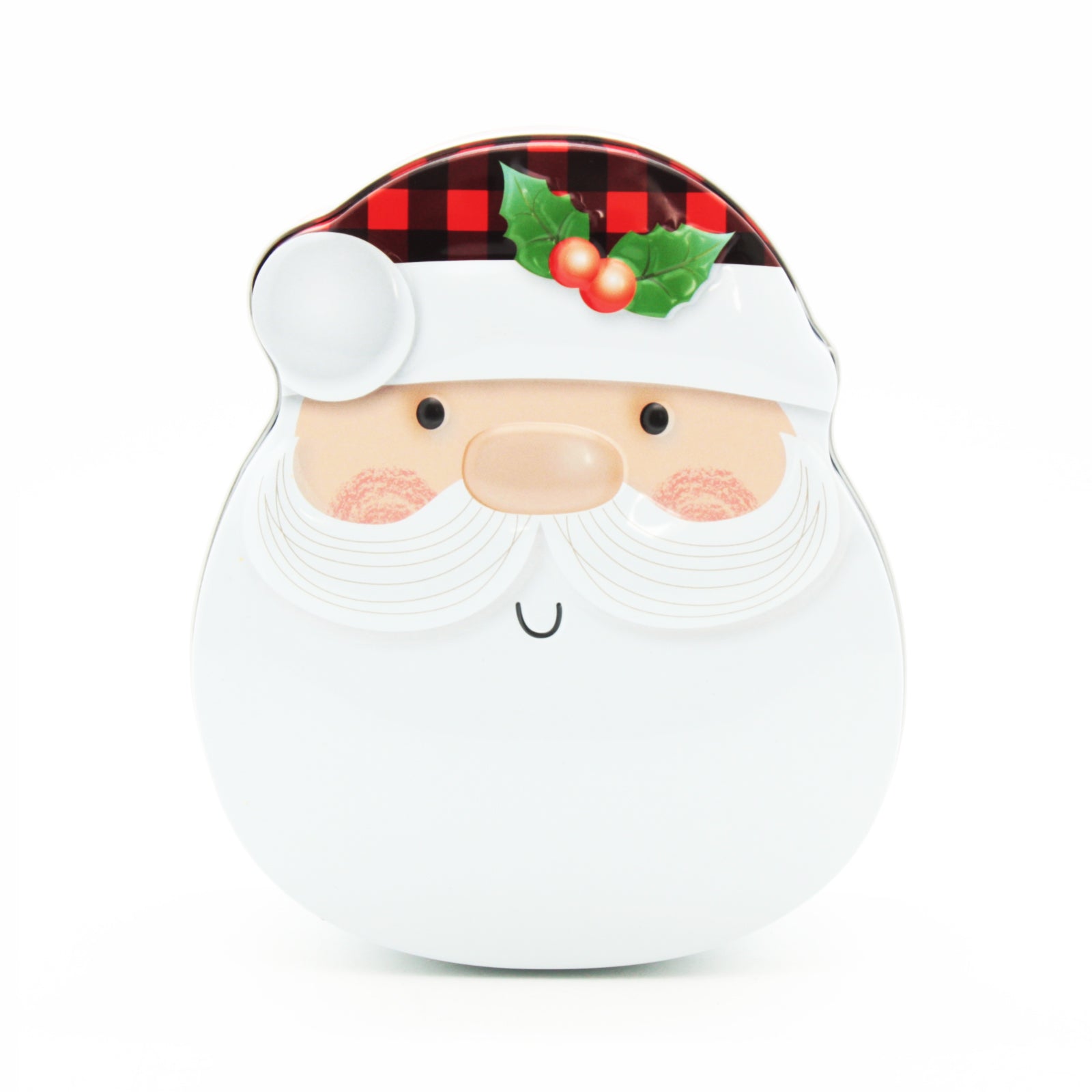 Santa Tin Box(25/10.5*12.5*5CM) featuring a cheerful Santa Claus design with holly accents.