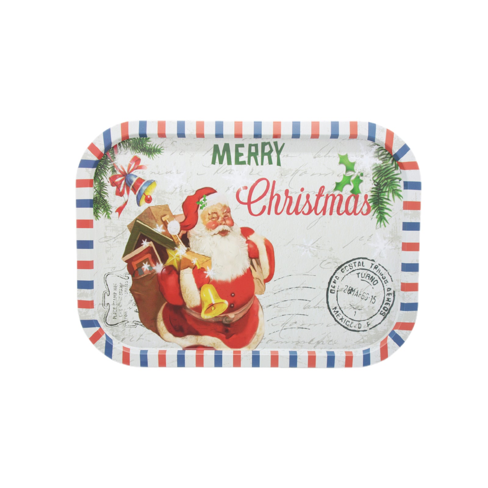 Christmas Metal Tray(25/40*28.5CM) featuring a vintage Santa design with festive colors.