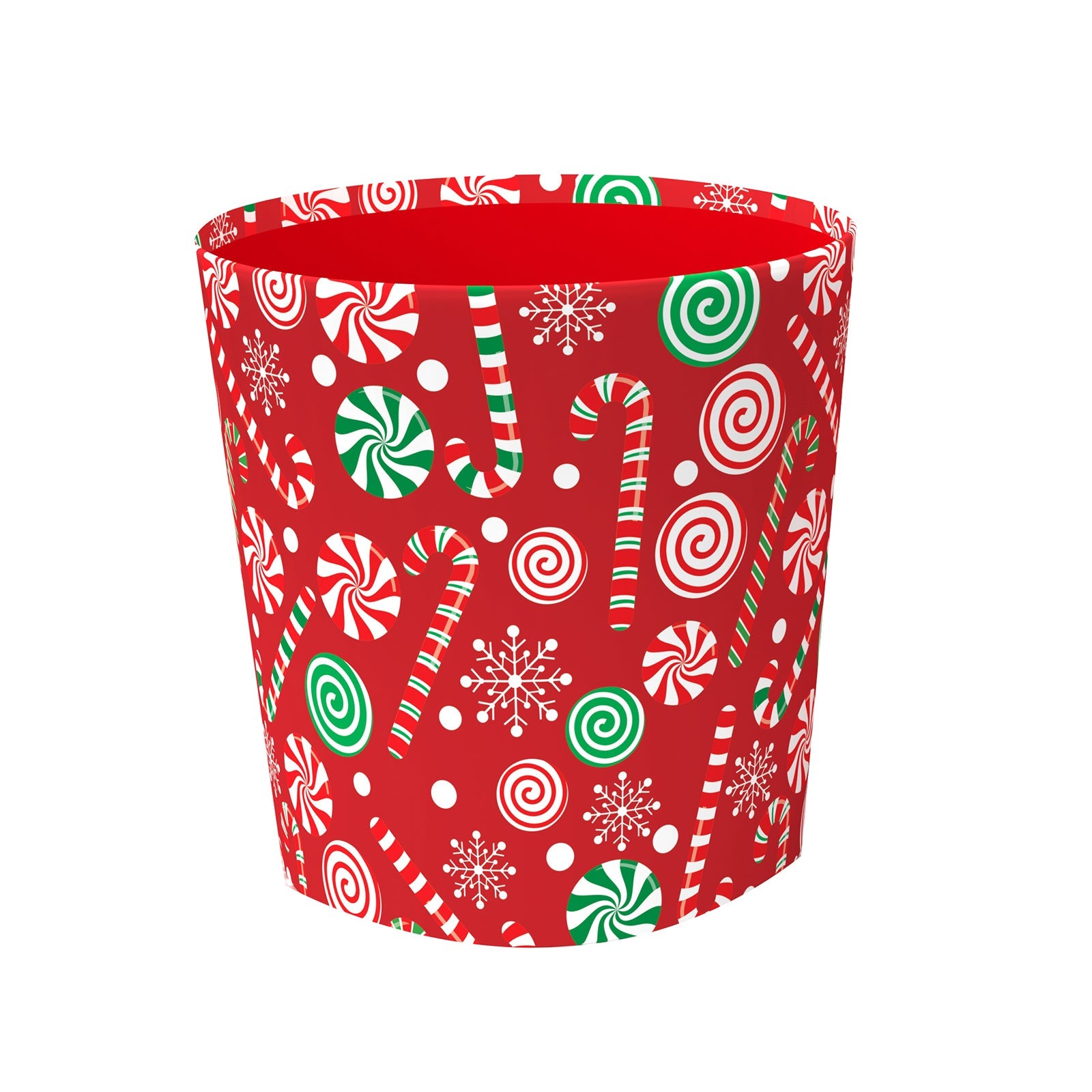 Christmas Candy Print Gift Bucket(18*18*18CM) with festive candy cane and swirl designs on a red background.