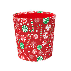 Christmas Candy Print Gift Bucket(18*18*18CM) with festive candy cane and swirl designs on a red background.