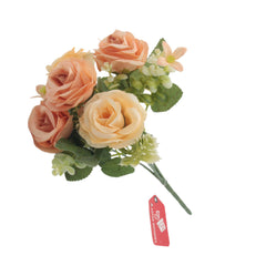 Faux Rose Bouquet featuring beautiful artificial roses in soft peach and cream hues with green foliage.