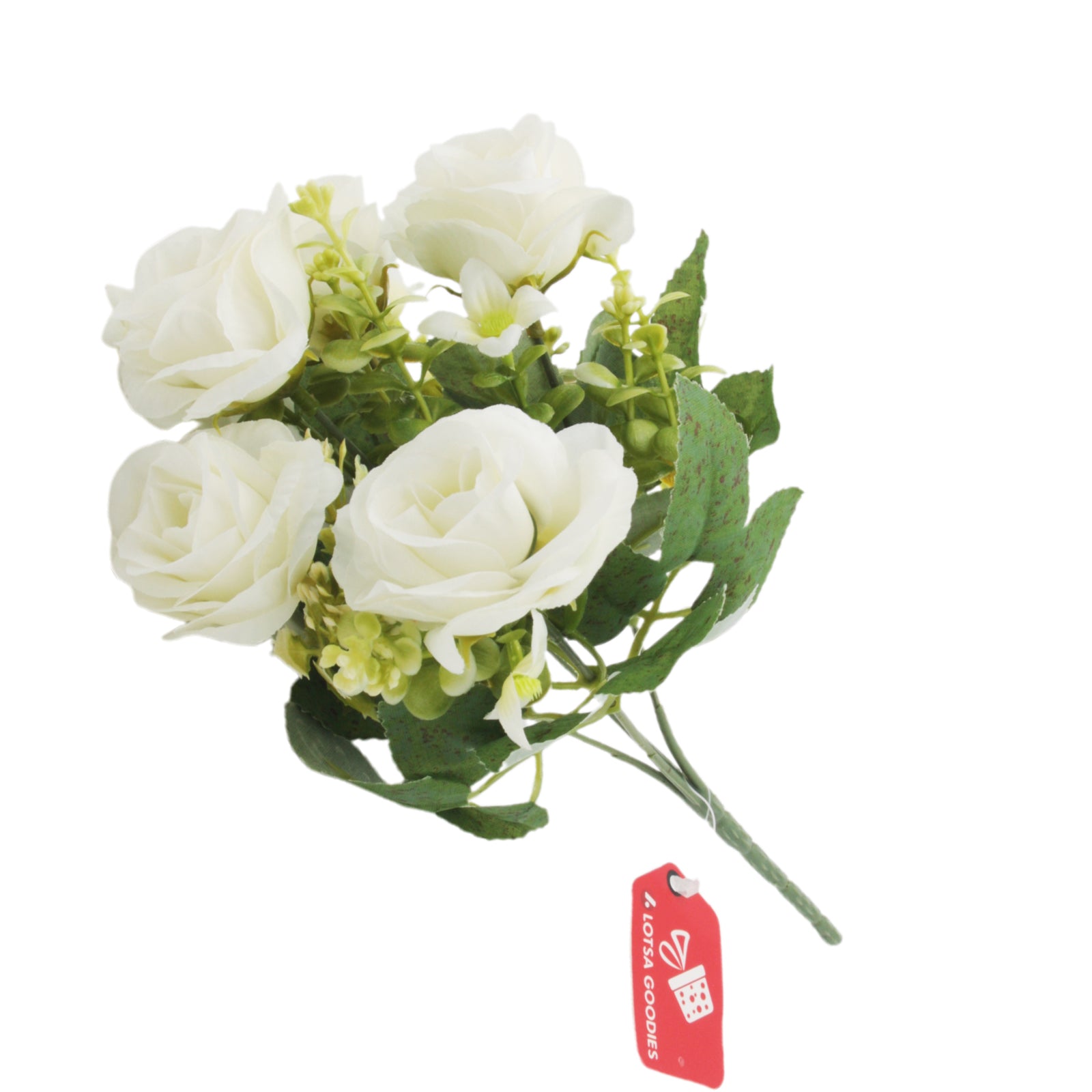 Faux Rose Bouquet featuring white artificial roses and lush greenery for elegant home decor.