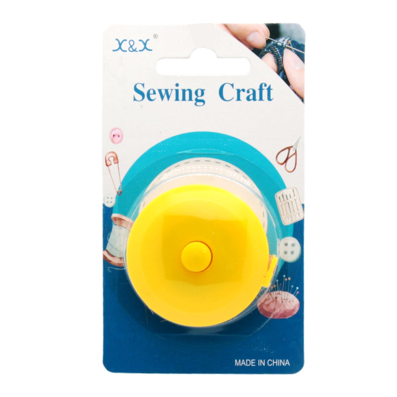 Sewing Craft Tape Measure in blue and yellow packaging, ideal for sewing projects and crafting.