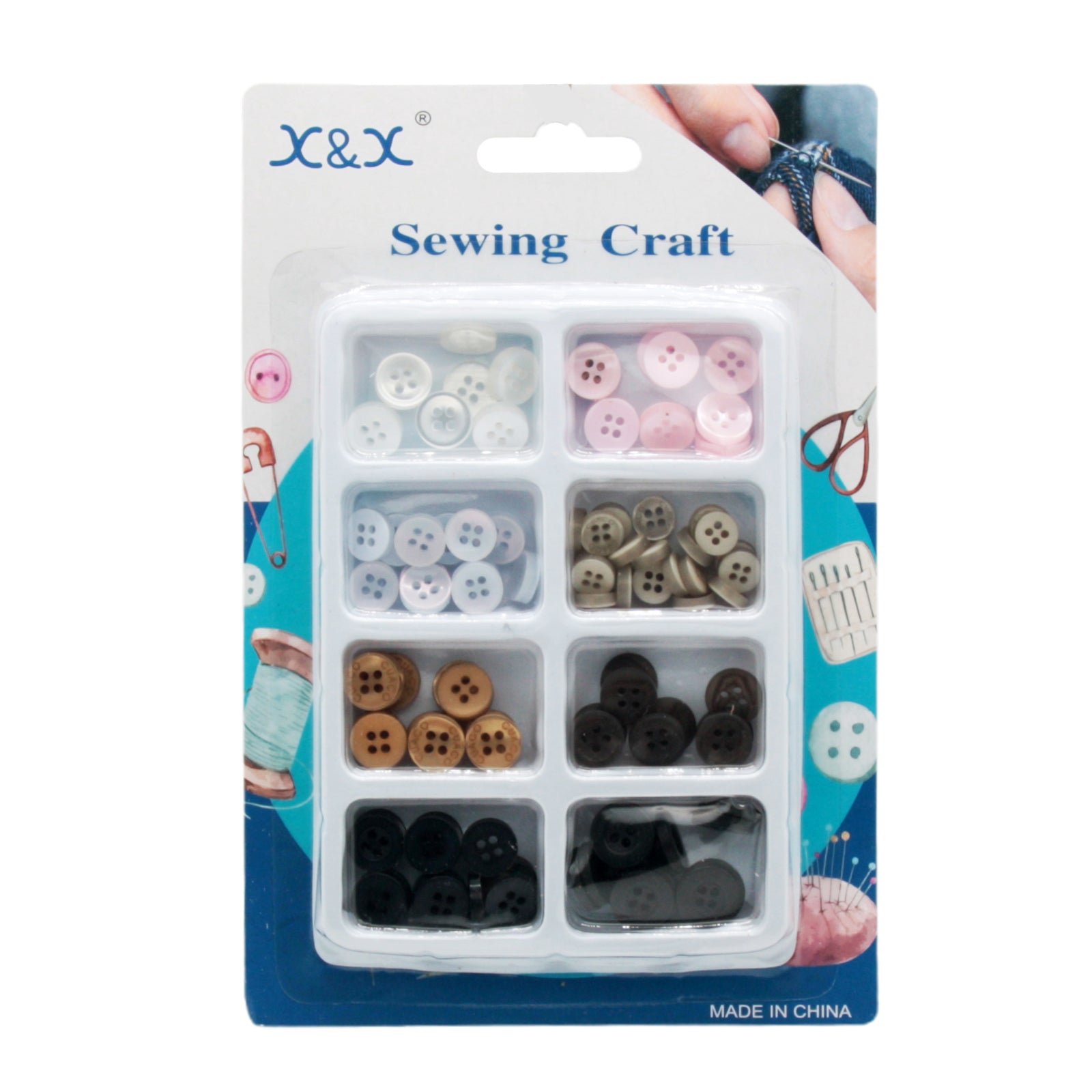 Assorted Buttons in various colors displayed in a clear packaging for sewing craft projects.