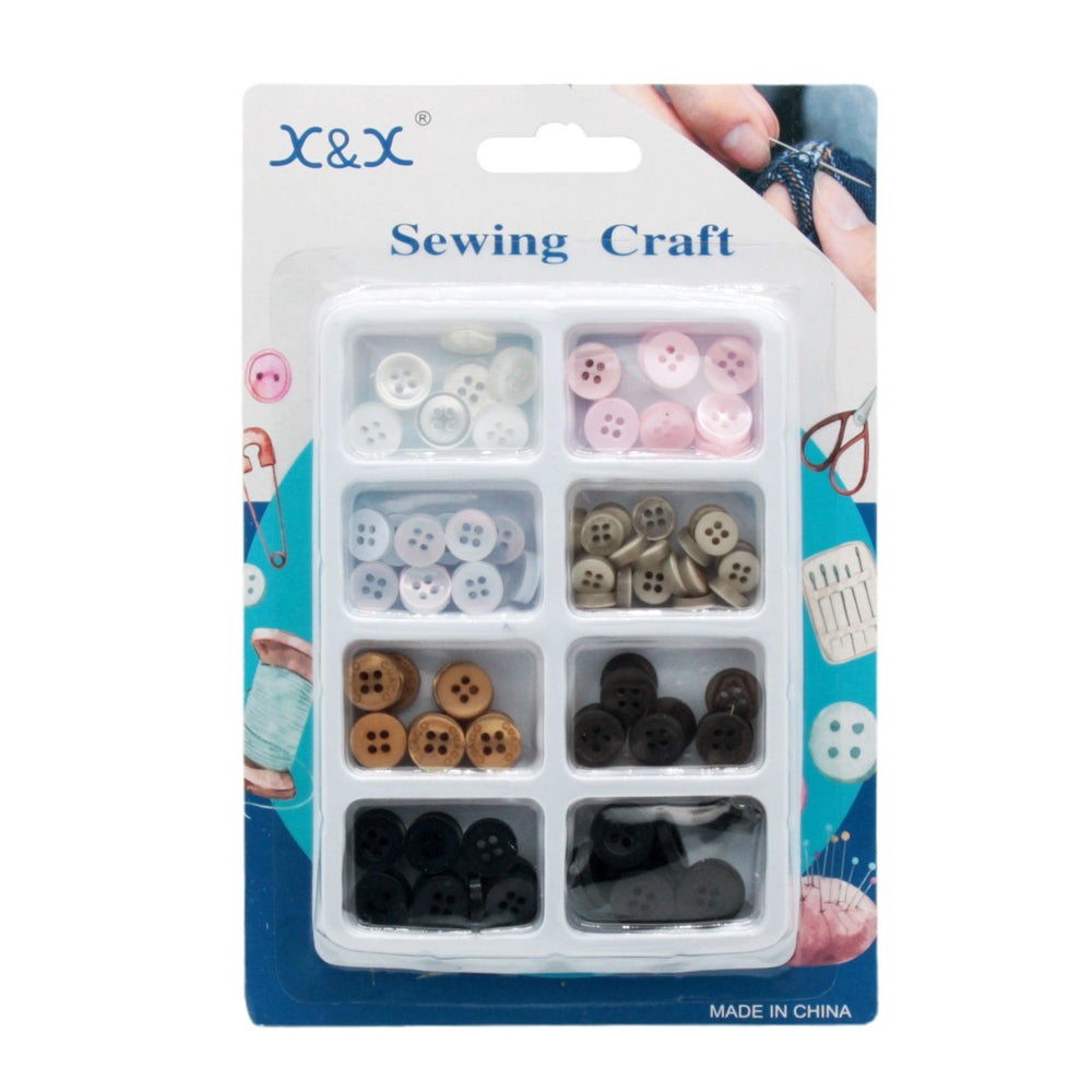 Assorted Buttons in various colors displayed in a clear packaging for sewing craft projects.
