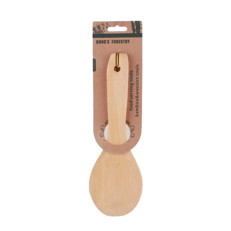 Wooden Rise Spoon hanging on a display card, showcasing its natural wood design for food serving.