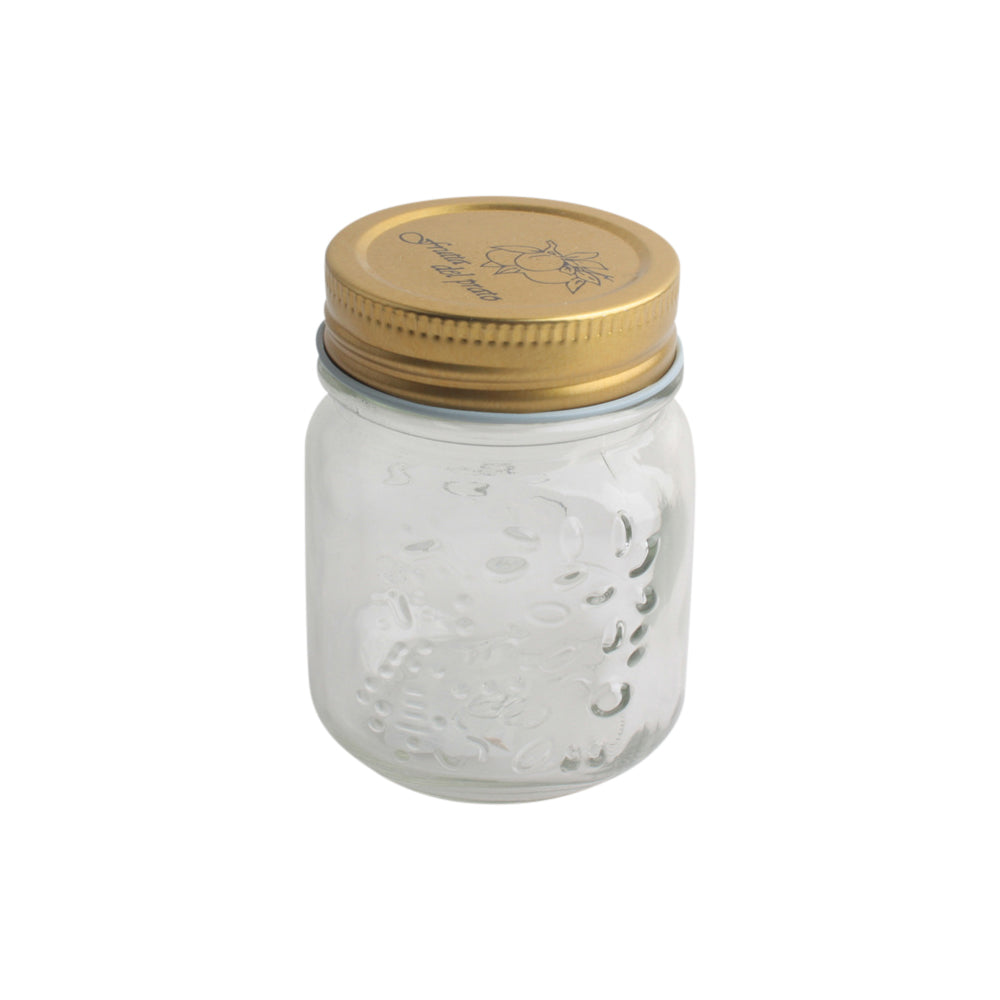 Glass Bottle G. Lid(150ML) with gold-tone metal lid, ideal for storing spices and treats, featuring an embossed design.