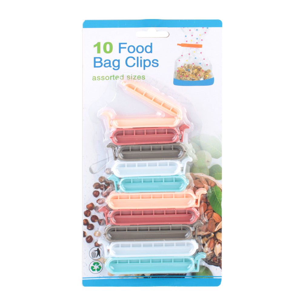 Food Bag Clips – 10PCS Assorted Sizes packaging with various colors of clips for sealing food bags.