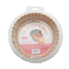R.Air Fryer Liners(16CM,50PCS) in packaging, featuring food grade material and round design for easy cooking.