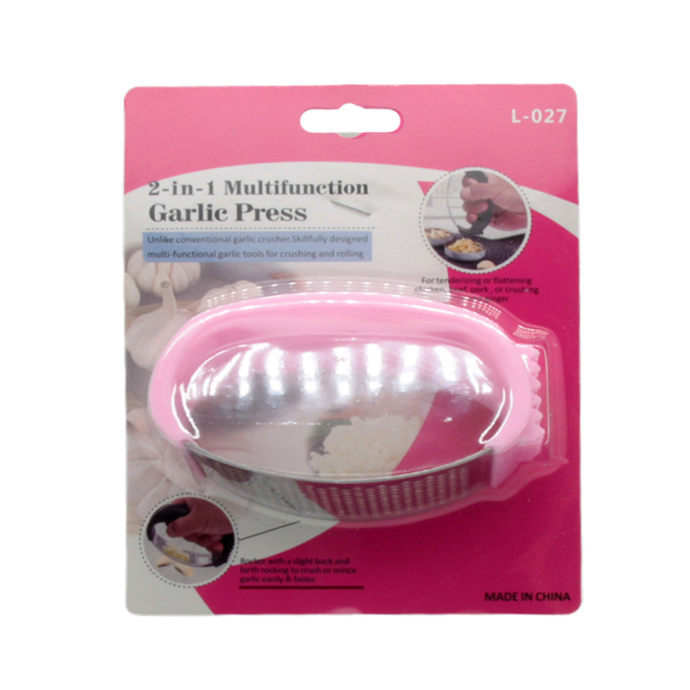 Garlic Presser in a pink packaging, showcasing its 2-in-1 multifunctional design for effortless garlic crushing.