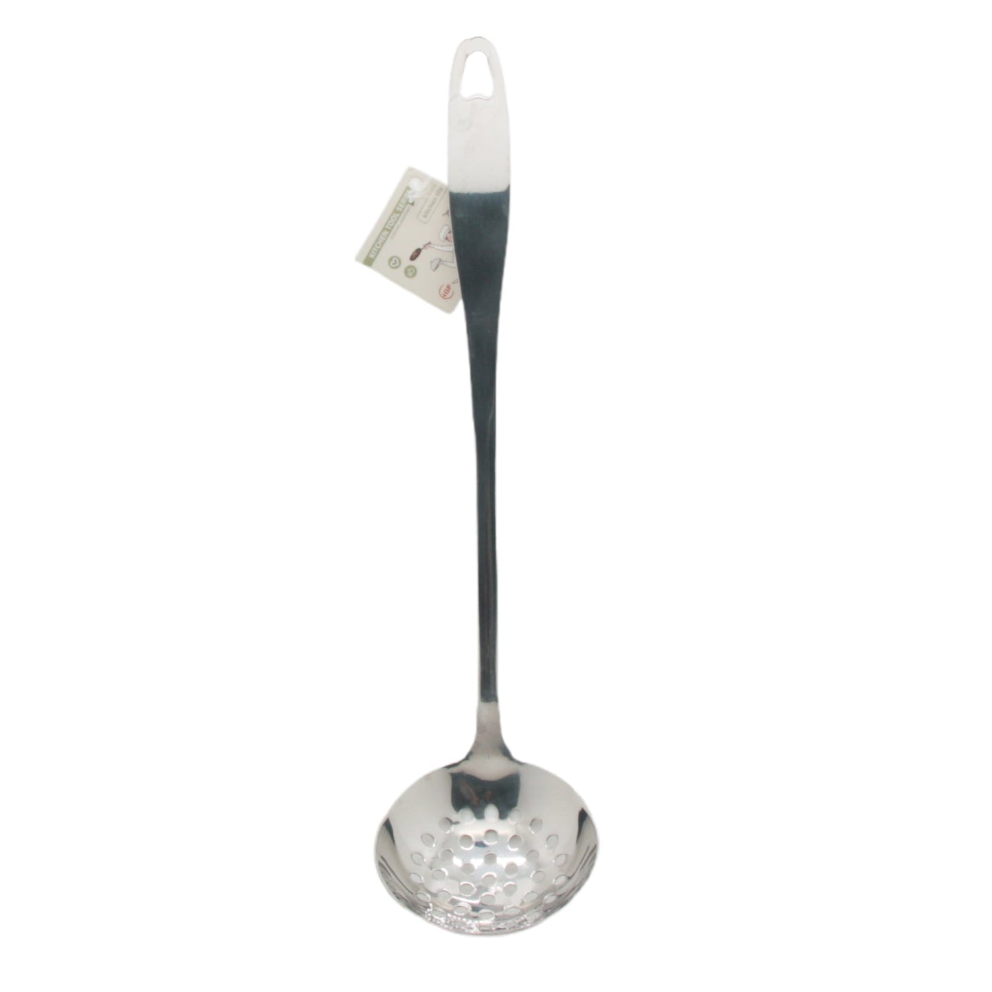 Stainless Steel Skimmer Ladle(31CM) standing upright with perforated bowl for efficient straining.