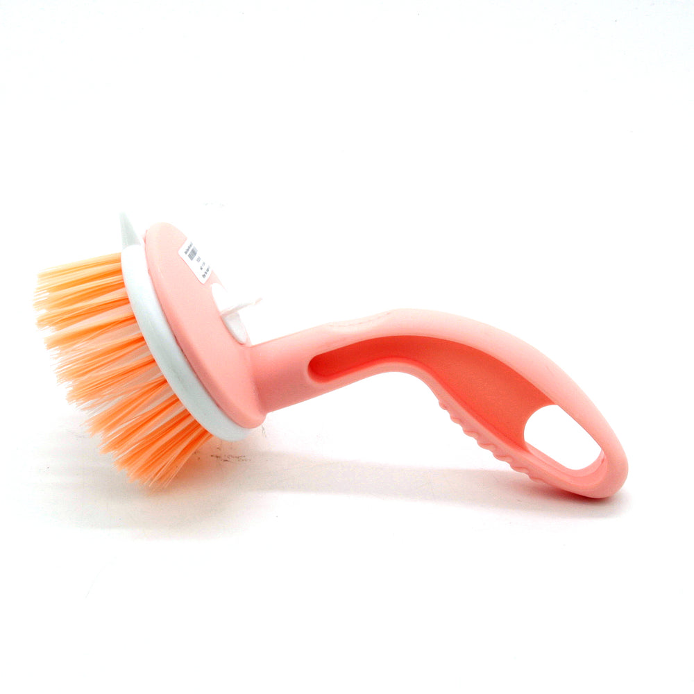 Scrub Brush With Handle in pink design, ideal for efficient cleaning and scrubbing surfaces.