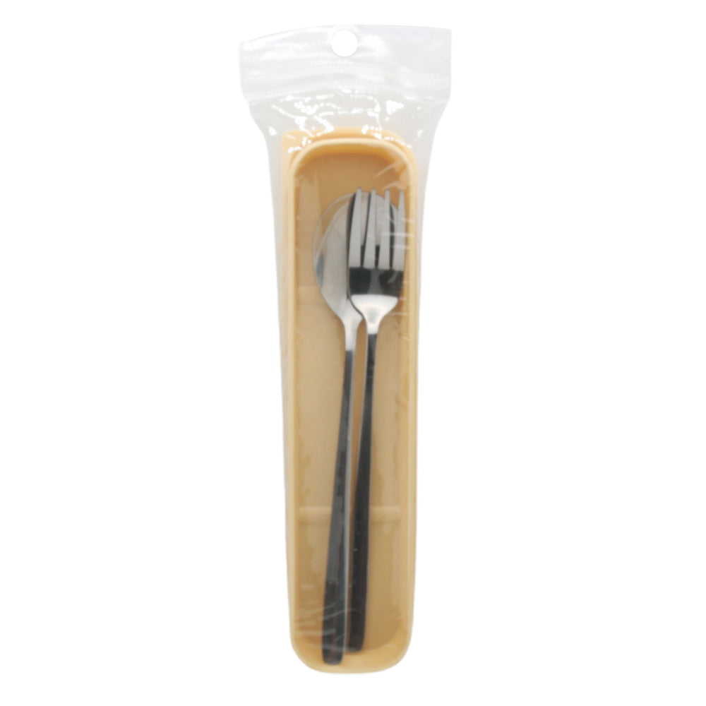 Stainless Steel Spoon & Fork Set with Case displayed in packaging for portable dining.