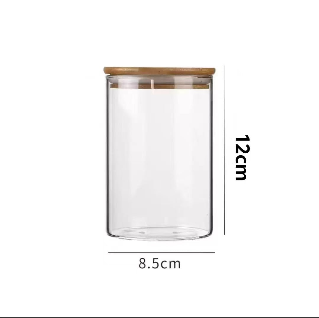 Glass Storage Jar with Wooden Lid(8.5*12CM) showcasing dimensions of 8.5 cm by 12 cm for kitchen organization.