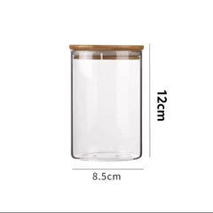 Glass Storage Jar with Wooden Lid(8.5*12CM) showcasing dimensions of 8.5 cm by 12 cm for kitchen organization.
