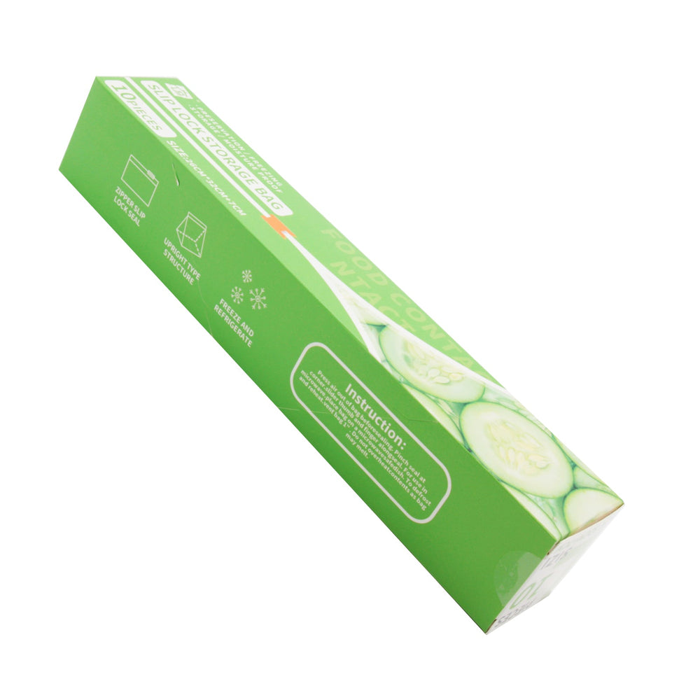 Slip Lock Storage Bag packaging with cucumber illustrations and product instructions on a green background.