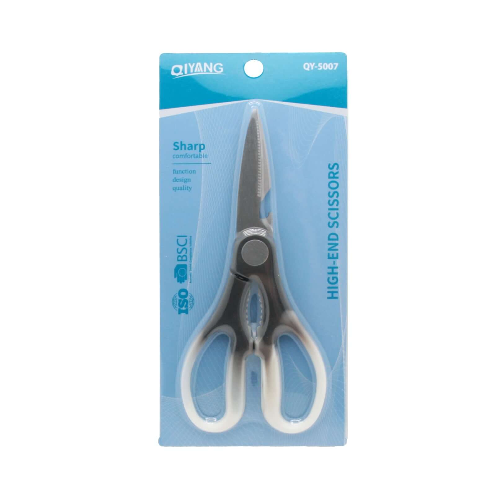 Kitchen Shears displayed in packaging with sharp stainless steel blades and comfortable handles.