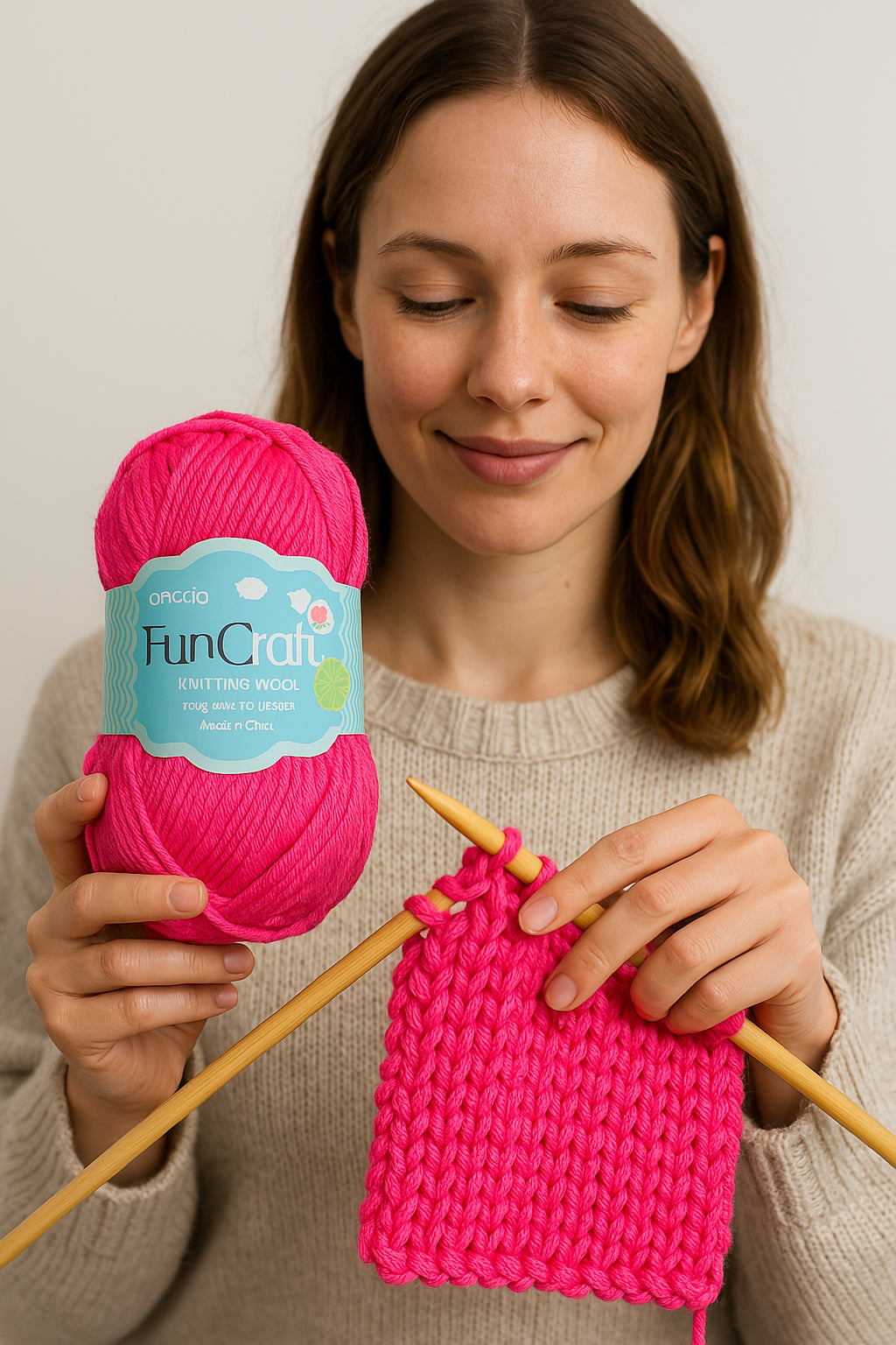 Woman holding a ball of pink yarn and knitting needles, using Soft Wool Yarn for Knitting & Crochet β 100g Ball(SQ765).