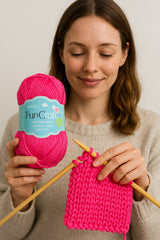 Woman holding a ball of pink yarn and knitting needles, using Soft Wool Yarn for Knitting & Crochet β 100g Ball(SQ765).