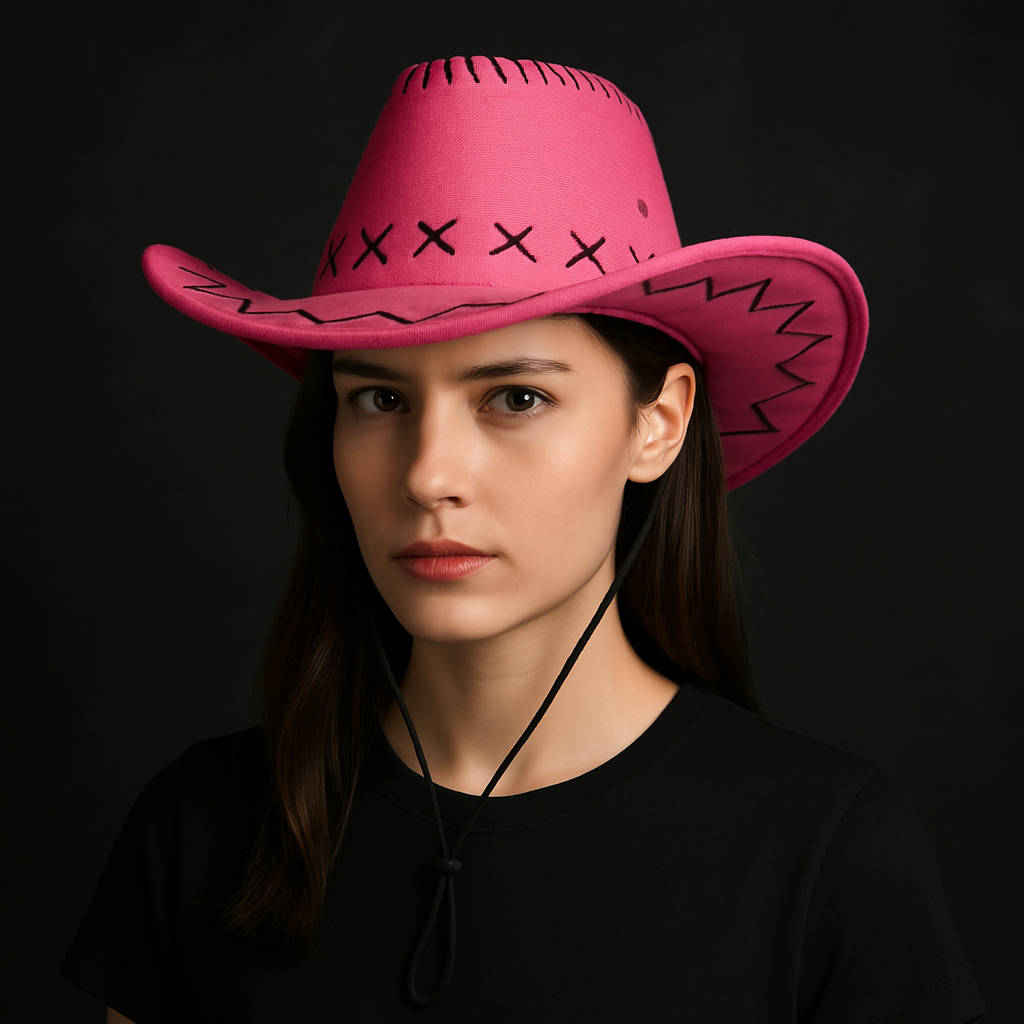 ๐งข Western Stitch Cowboy Hat ๐ฏ Unisex | Festival Ready | Suede Look worn by a model against a dark background.