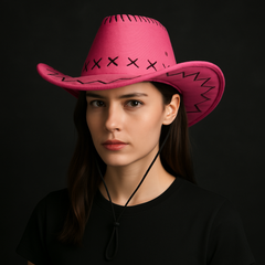 ๐งข Western Stitch Cowboy Hat ๐ฏ Unisex | Festival Ready | Suede Look worn by a model against a dark background.