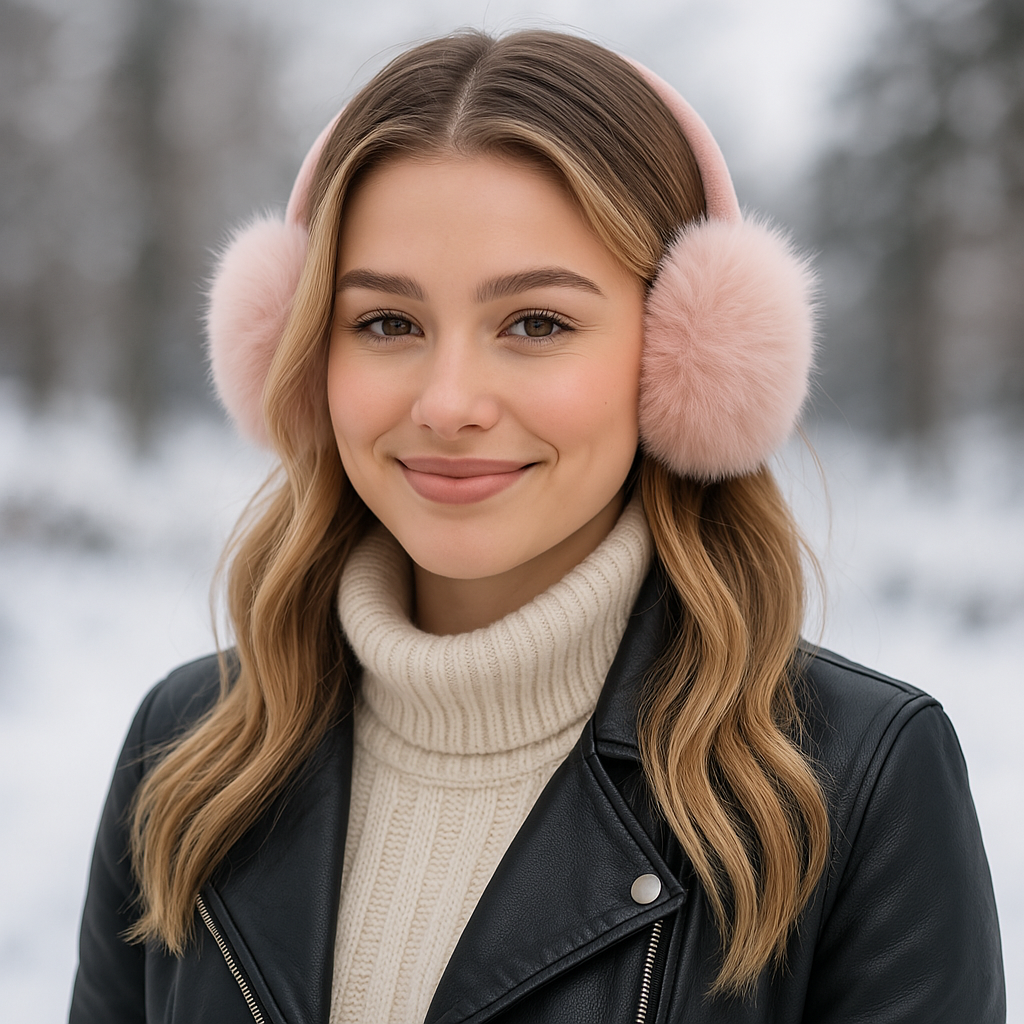 Winter Ear Muffs – Soft & Warm for Cold NZ Days worn by a smiling woman in a snowy landscape.