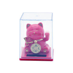 Lucky Cat Figurine – Waving Fortune Cat in Display Box, pink color, symbol of good luck, in clear plastic case.