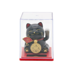 Lucky Cat Figurine – Waving Fortune Cat in Display Box, black cat with waving paw, in clear display case.