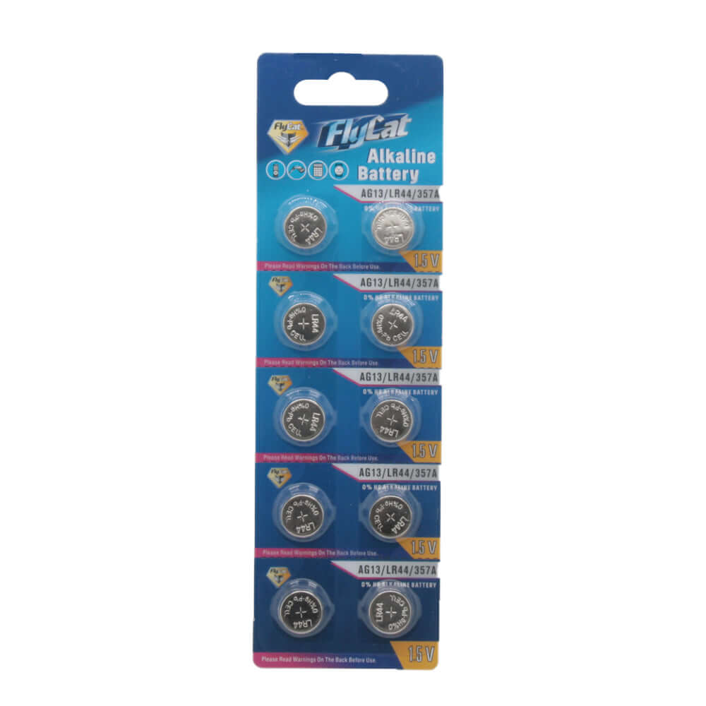 Button Battery(LR44) pack with multiple alkaline batteries for electronics, photo cameras, and toys.