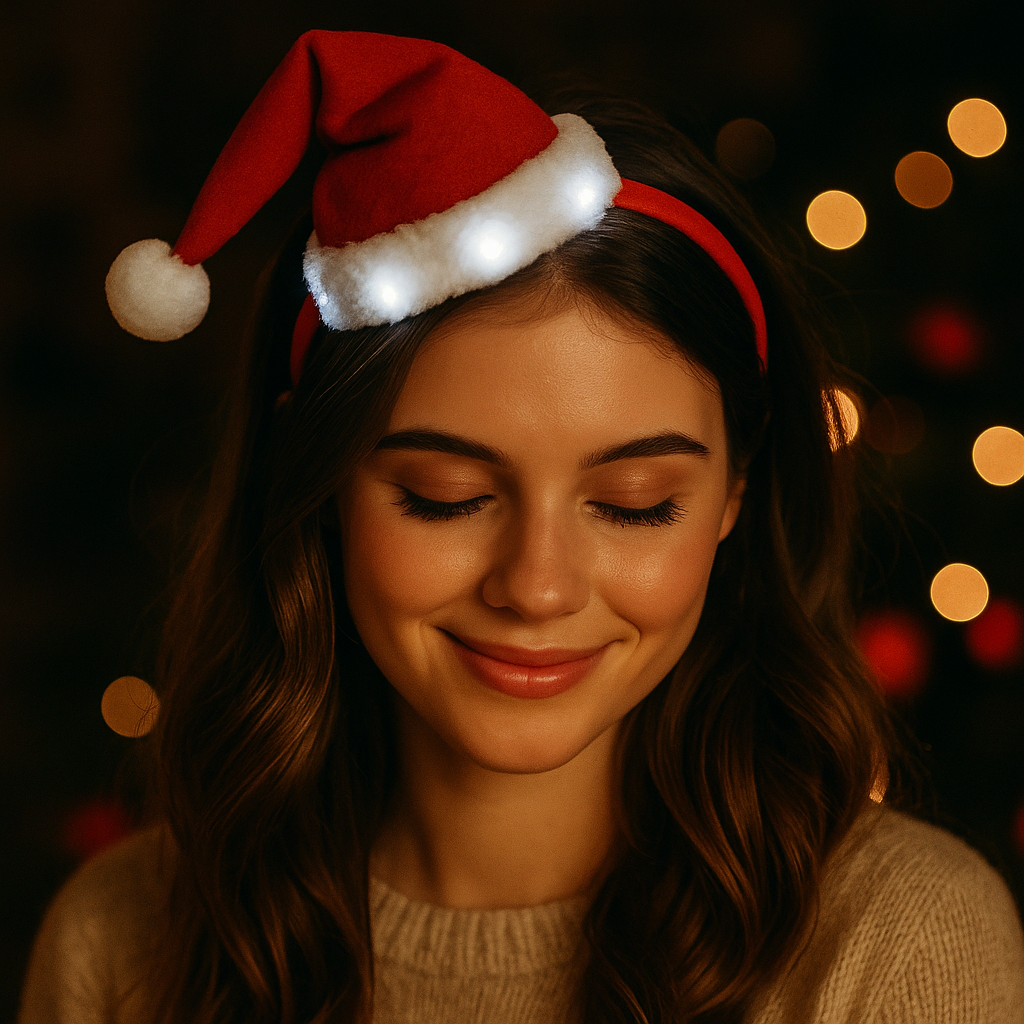 Flashing Santa Headband – Light Up Christmas Hair Accessory worn by a model with LED lights and festive background.
