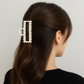 Model wearing a Pearl Hair Claw – Rectangle Shape Clip in her hair, showcasing elegant faux pearl design.