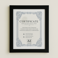 A4 Photo Frame – Modern Display Frame(A4) showcasing a certificate in a sleek black frame.