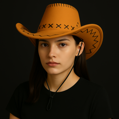 Western Stitch Cowboy Hat ๐ฏ Unisex | Festival Ready | Suede Look worn by a person against a dark background.