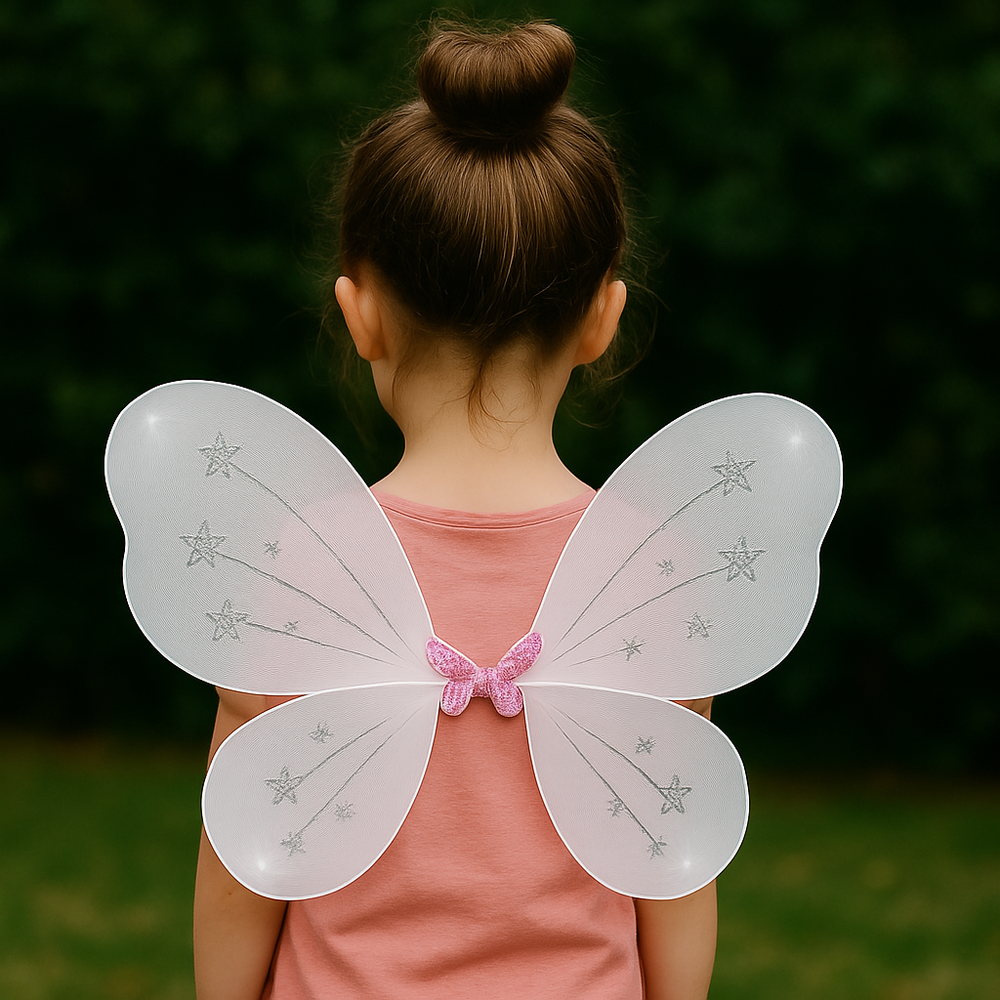 π Angel Wings for Kids β 6 Dreamy Colors!(48*38CM) - A child with white angel wings featuring sparkly stars.