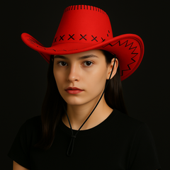Western Stitch Cowboy Hat ๐ฏ Unisex | Festival Ready | Suede Look worn by a model in a black background.
