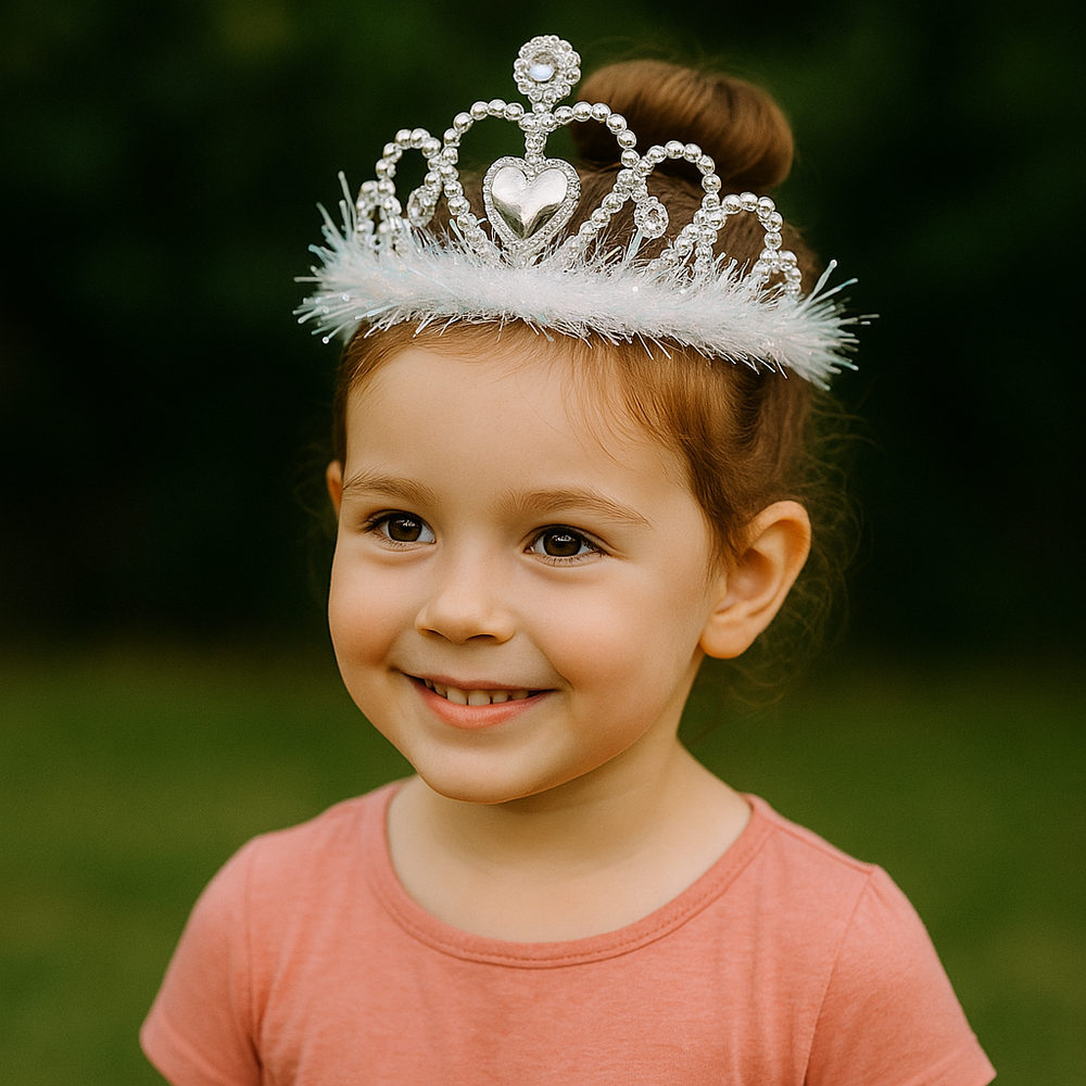 π Princess Tiara for Kids β 3 Sparkly Colors! A little girl smiling while wearing a sparkly crown.