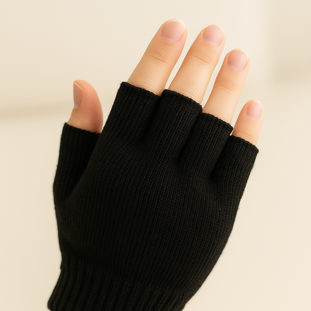 Knitted Fingerless Gloves – Black on a hand, showcasing the snug fit and fingerless design for warmth and functionality.