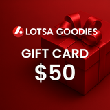 Lotsa Goodies Gift Card $50 on a red gift box with a bow