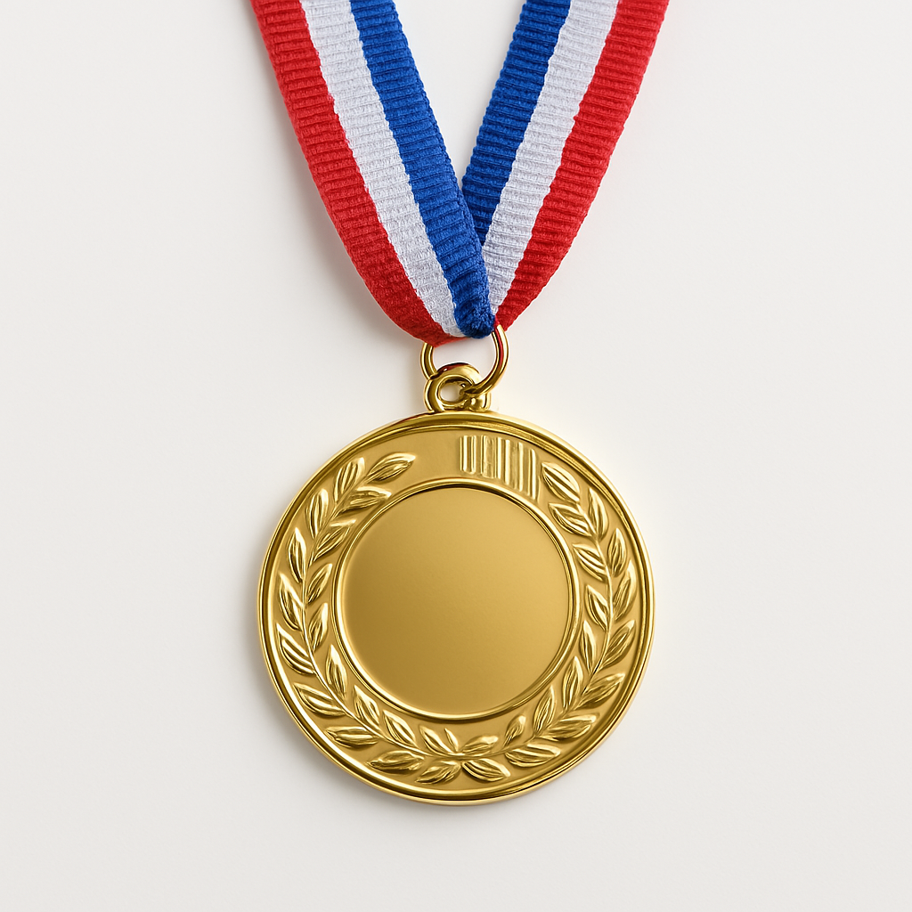 π
 Metal Award Medal with Ribbon β Gold / Silver / Bronze - gold medal on tricolor ribbon.