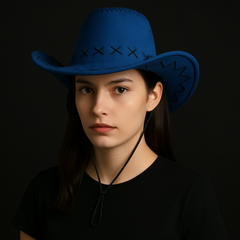 ๐งข Western Stitch Cowboy Hat ๐ฏ Unisex | Festival Ready | Suede Look - Blue suede cowboy hat model in stylish pose.