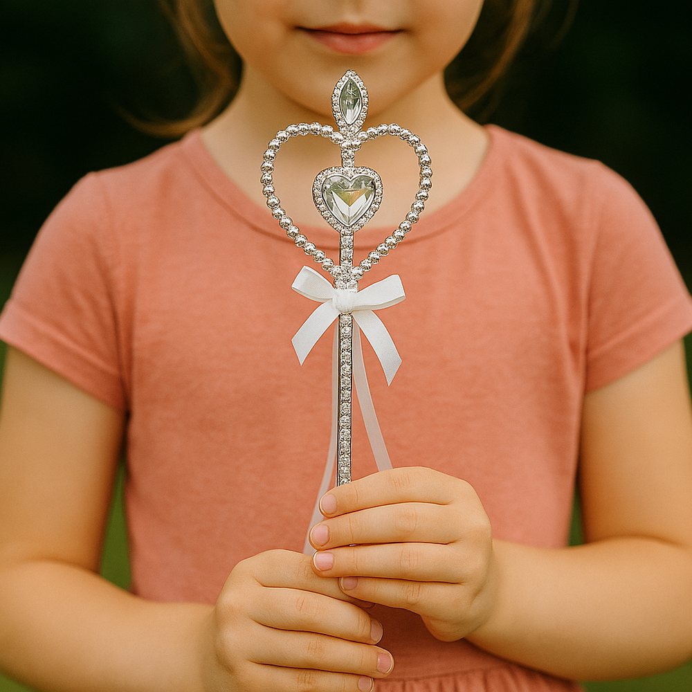✨ Princess Magic Wand – 3 Sparkly Colors for Little Royals! held by a girl, adorned with rhinestones and a bow.