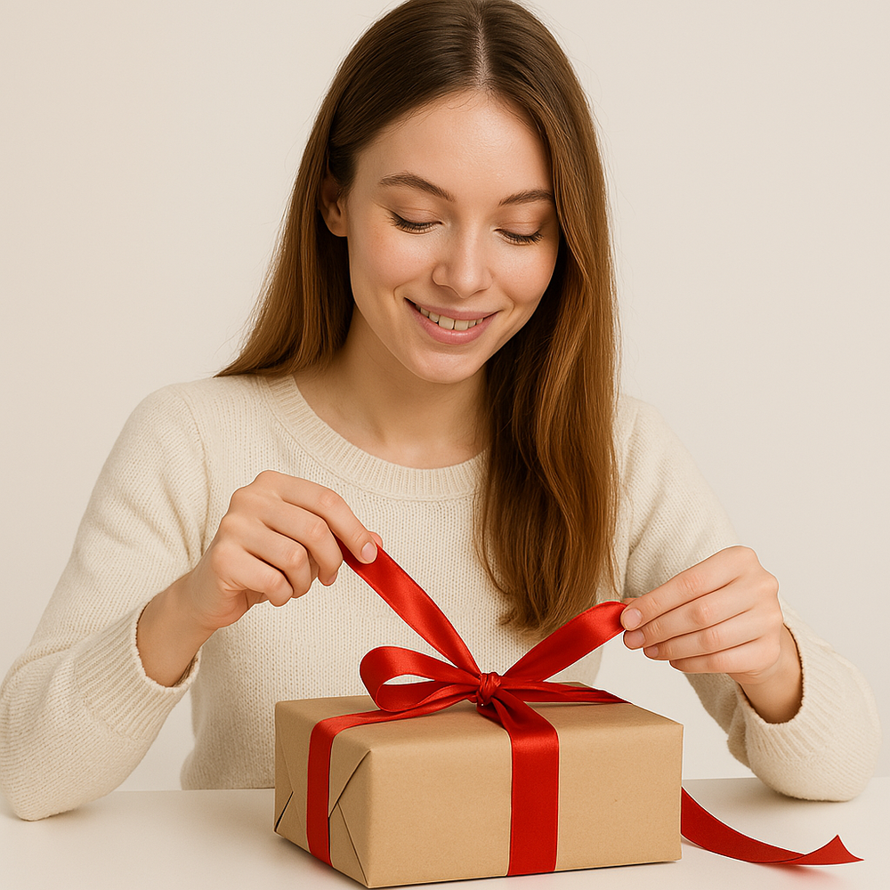 A woman adding a red bow using 🧵 Premium Satin Ribbon – Versatile & Elegant to a gift box on a table.